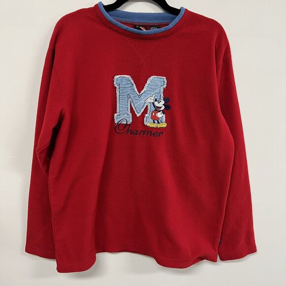 Vintage Y2K Mickey Charmer Red Fleece Pullover L Disney Jerry Leigh Embroidered - Picture 1 of 14